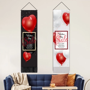 Valentine's Day Heart Balloon Wall Tapestry Polyester Cotton Scroll Painting Wooden Rod Tassel Fringe Hanging Flag Decor