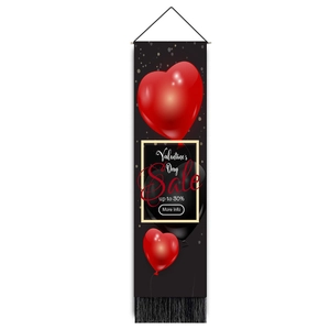 Vertical Valentine's Day tapestry featuring heart balloons, gold dots, and black tassels