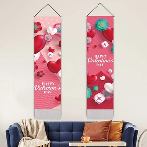 Valentine's Day Hanging Scroll Tapestry Vertical Wall Banner Heart Flower Print With Wood Pole Tassels Home Decor