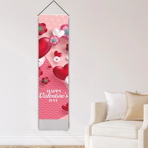 Vertical Valentine's Day wall tapestry with pink hearts, floral patterns and gray tassels