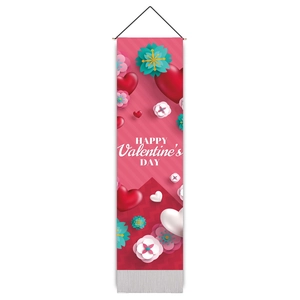 Vertical Valentine's Day wall hanging tapestry with pink hearts and Happy Valentine's Day text
