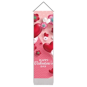 Detail of Happy Valentine's Day wall hanging banner with pink hearts and grey tassels