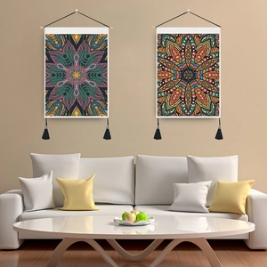 Tapisserie Murale Mandala Tissu Décor Bohème Avec Tringle En Bois Et Glands Pour Salon