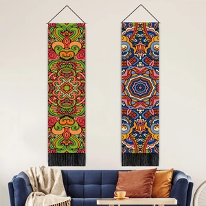 Tapisserie Murale Verticale Bohème Mandala Géométrique Coton Polyester Décoration Murale Avec Tige En Bois Et Glands