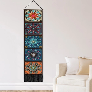 Nordic Mandala tapestry with five colorful floral blocks, wooden rod, and black tassels