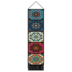 Vertical Nordic mandala wall tapestry with five geometric squares and black tassels