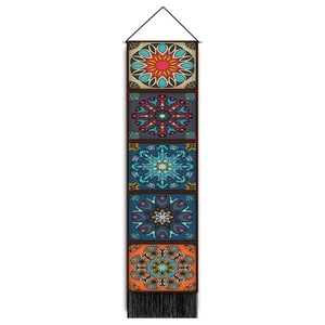 Vertical Nordic mandala wall tapestry with colorful geometric patterns and black tassels
