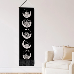 Boho moon phase and lotus wall tapestry with black tassels for living room decor