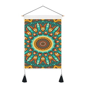 Detail of bohemian mandala tapestry featuring elegant symmetry and stylish black tassels