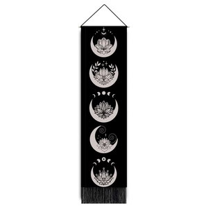 Black moon phase and lotus wall tapestry with elegant hanging rope and bottom tassels