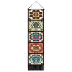 Vertical wall hanging with five colorful mandala patterns and black bottom tassels