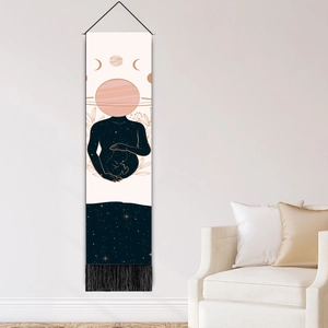 Starry sky maternity tapestry wall hanging with fringe and wooden rod for home decor