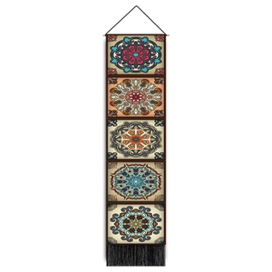 Vertical five-grid mandala tapestry with black fringe, wooden rod and geometric patterns
