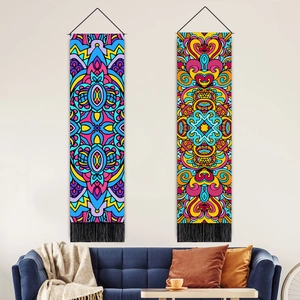 Bohemian Mandala Long Vertical Wall Hanging Tapestry Polyester Cotton Fabric With Wooden Rod And Tassels For Home Decor