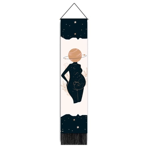 Minimalist starry pregnancy tapestry with planet silhouette and black tassels for home decor