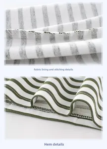 Close-up of fabric interior, stitching details, and hemline on striped cotton t-shirt