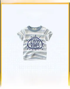 Detail of blue striped cotton kids T-shirt with Good Vibes print and soft crew neck