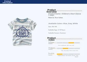 Detailed view of kids' striped cotton T-shirt with 'GOOD VIBES' print and sun graphic