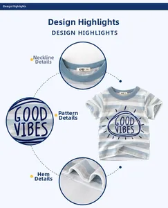 Detail view of boys striped t-shirt showing neckline, 'GOOD VIBES' print and hem stitching