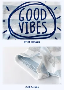 Detail showing 'GOOD VIBES' print and flat stitching on striped kids t-shirt sleeves