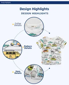 Detail view of cotton kids t-shirt with colorful cartoon car prints and ribbed neckline