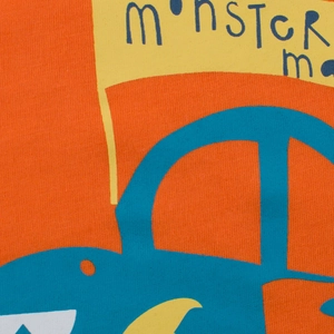 Kinder T-Shirt aus orangefarbener Baumwolle mit blauem Cartoon-Monster-Print