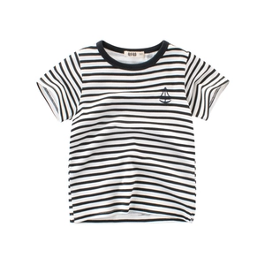 Boys T-Shirt Lycra Cotton Short Sleeve Striped Sailboat Embroidery Crew Neck Summer Casual Toddler Kids Soft Top