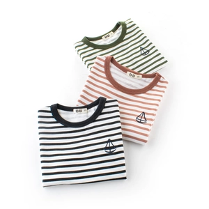 Striped cotton T-shirts for boys featuring nautical sailboat embroidery in three colors