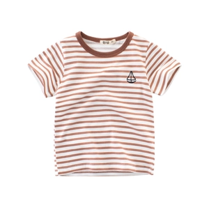Brown and white striped kids short sleeve cotton T-shirt with small sailboat embroidery