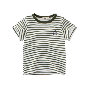 Classic green striped cotton T-shirt for boys with a small sailboat embroidery detail