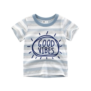 Kids Striped T-Shirt 100% Cotton Short Sleeve Good Vibes Print Summer Casual Crew Neck Tops For Boys Girls