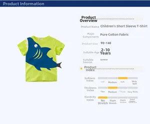 Détails du t-shirt enfant en coton avec motif requin et tableau des tailles précis