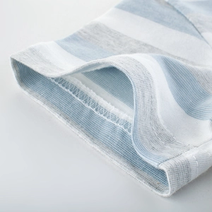 Kids' striped short-sleeve shirt featuring blue and white knit fabric and ribbed cuffs