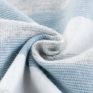 Breathable striped knit fabric detail for summer kids t-shirt in blue and white