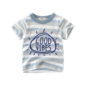 Kids blue and white striped short sleeve cotton T-shirt with Good Vibes sun graphic