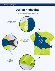 Détail du t-shirt requin vert néon avec dents en tissu 3D et nageoire latérale grise