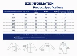 Size information table for boys sports pants showing waist, hips and length measurements