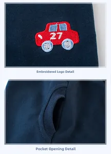 Dettaglio dei pantaloni sportivi blu navy con ricamo e tasche con bordo a coste