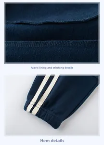Dettaglio dei pantaloni sportivi blu navy con fodera in pile e polsini a costine