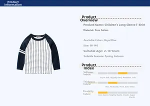 Tableau détaillé du T-shirt rayé en coton montrant les tailles 90-140 et les tissus