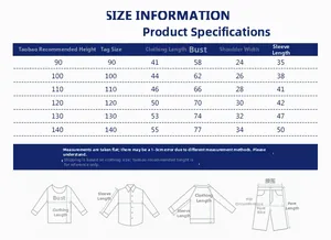 Tableau détaillé des tailles pour t-shirts à manches longues pour enfants avec mesures