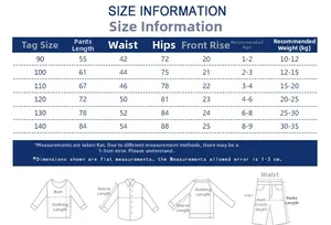 Detailed size chart for boys' sports trousers showing length, waist, and age recommendations