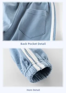 Detailed view of the back pocket and elastic cuffs on blue boys' knitted joggers