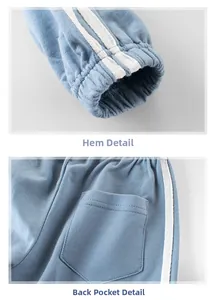 Detail view of light blue jogger pants showing ribbed cuffs and a patch back pocket