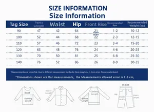 Tabella delle taglie per pantaloni sportivi da bambino con misure di lunghezza e vita