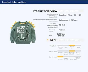 Detailed size chart for kids green cotton sweatshirt with alligator print for ages 2-10