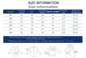 Detailed kids hoodie size chart with measurements for age 1 to 9 years old