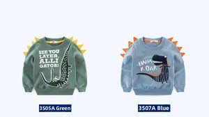 Detail of kids sweatshirts with 3D dinosaur spikes on the sleeves and cute animal prints