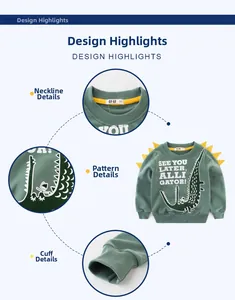 Detail of green kids sweatshirt with cartoon alligator print and yellow 3D shoulder accents