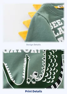 Detail of green dinosaur sweatshirt with 3D fins and alligator print text for kids